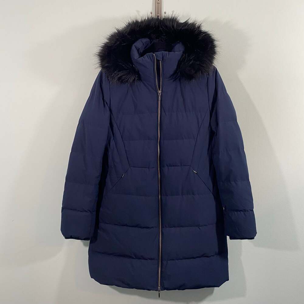 Lands' End Deep Sea Navy Max 600 Down Fill Faux Fur Hood Long Puffer Coat Size S